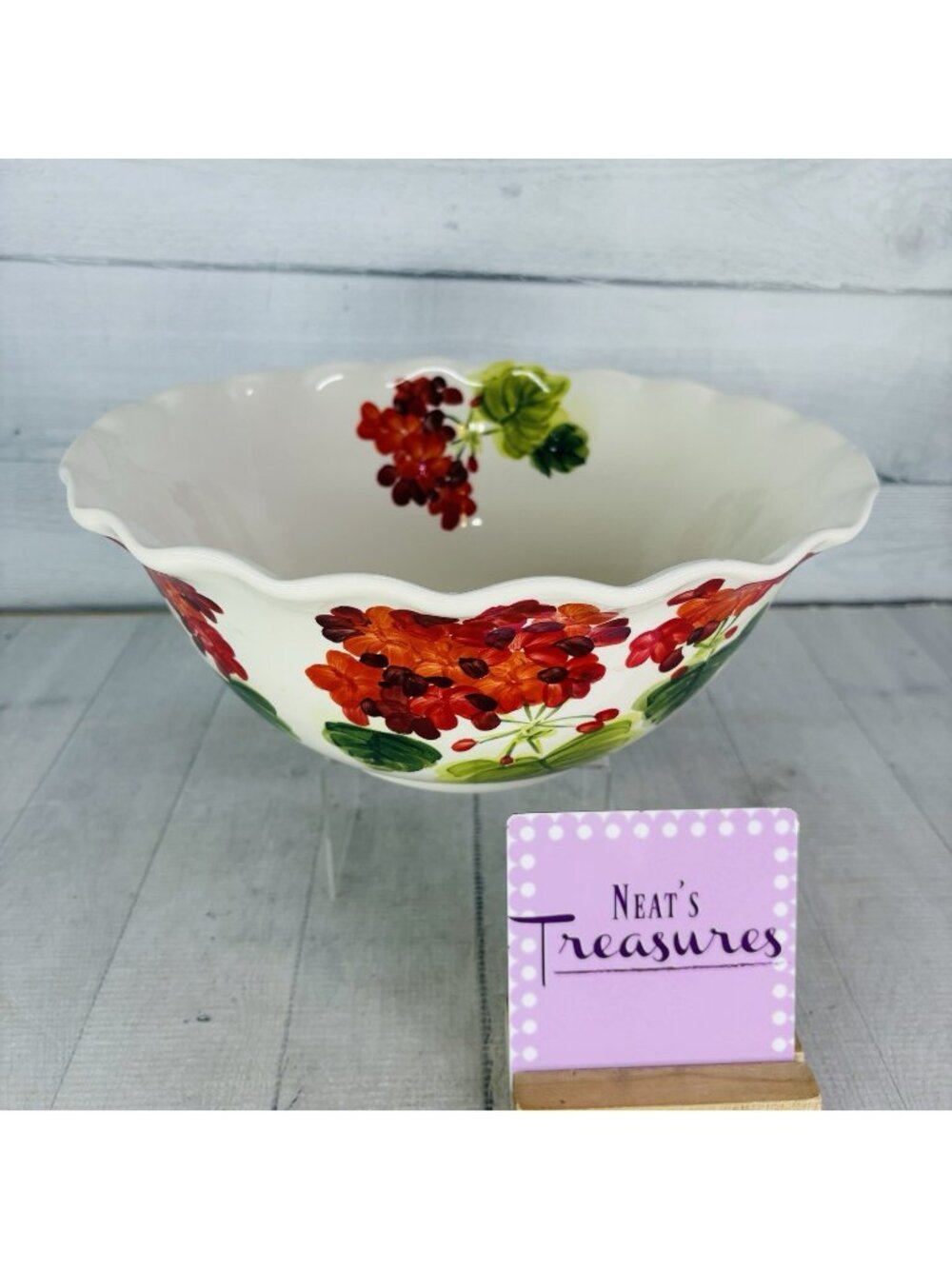 Maxcera GERANIUM  Red Floral Green Leaves Large 12" Ruffled Ceramic Serving Bowl